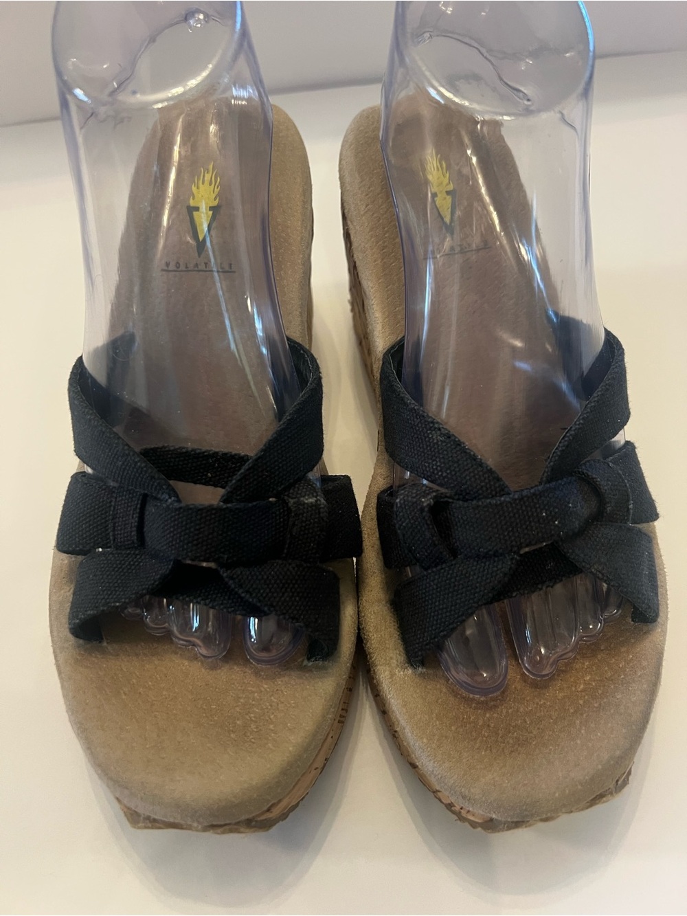 Volatile Black Knotted Strap Wedge Mules with Tan Platform
